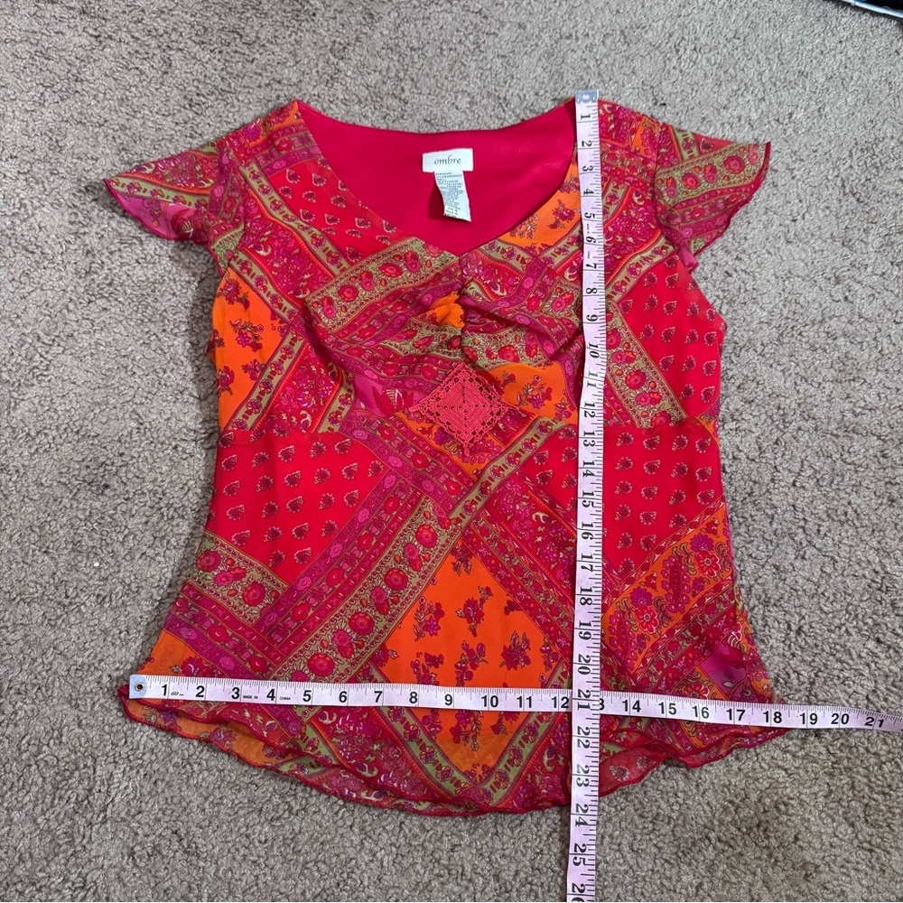 Ombre Pink Orange Sheer Patchwork Pattern Midi Sk… - image 7